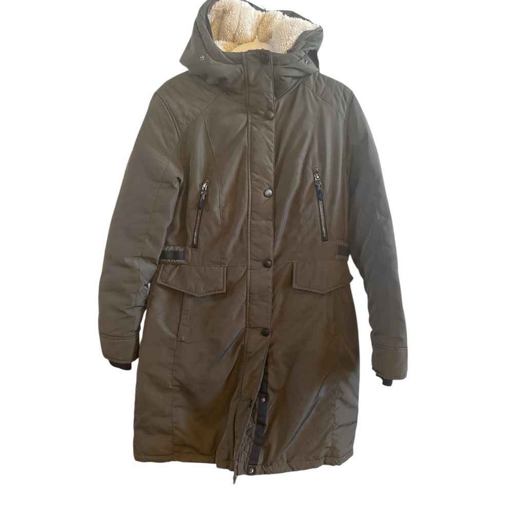 Stoic Down (60%) Olive Green Mid Length Puffer Coat Woman's Medium Faux Fur Hood